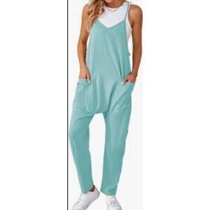 Womens Light Blue Adjustable Strap Jumpsuit With Pockets